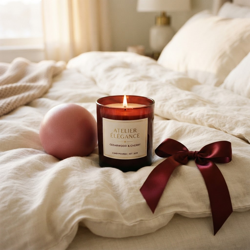 A burgundy candle and pink pilates ball resting on ivory linen